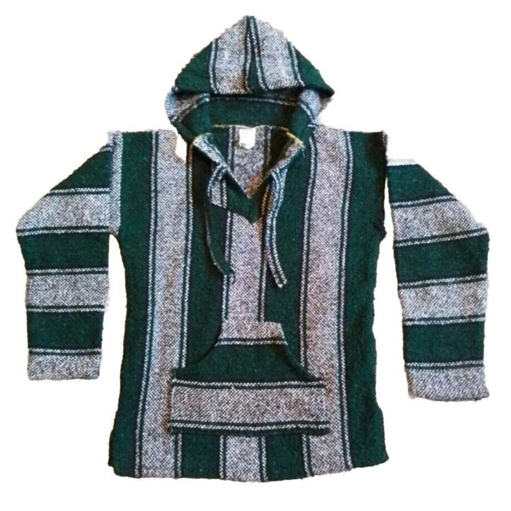 Poncho Authentic Mexican Mens Size Small Gray Green Striped Woven Baja Hoodie